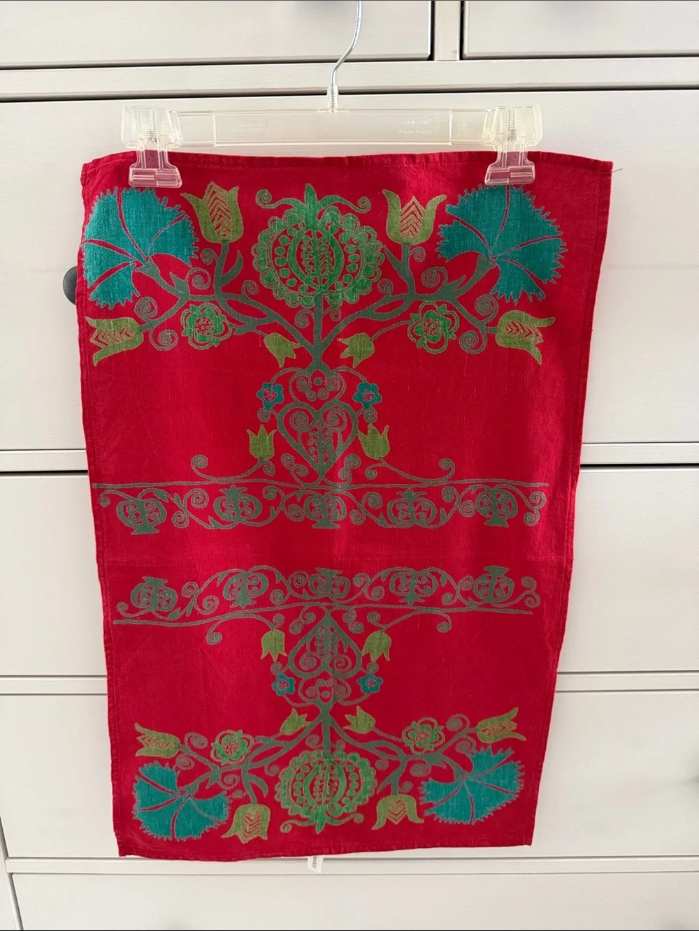 Marimekko Red Tea Towel with Teal and Green Floral Motif Granaattiomena Pattern